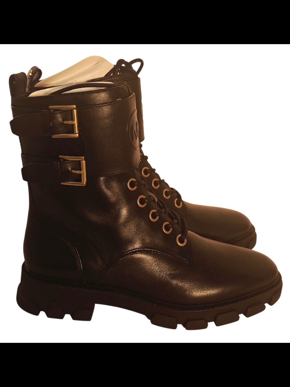 Michael Kors Black Leather Combat Boots Gold Hardware Lug Sole Moto Size 8 - Picture 4 of 8